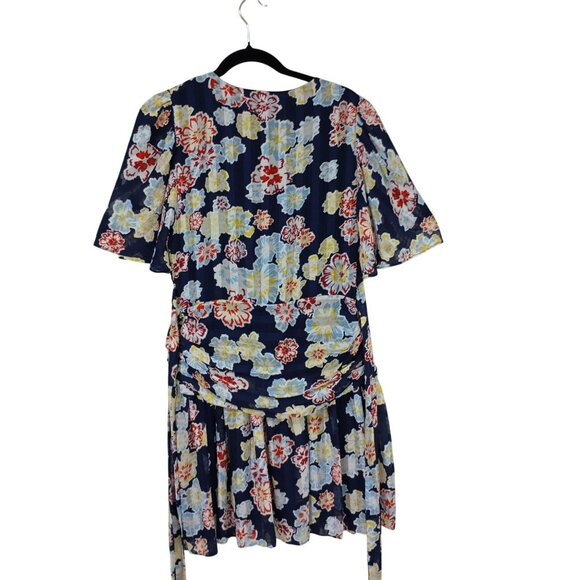 Tanya Taylor Floral Wrap Dress Navy Blue Multicolor Short Sleeve Size 10 Womens - Picture 7 of 11